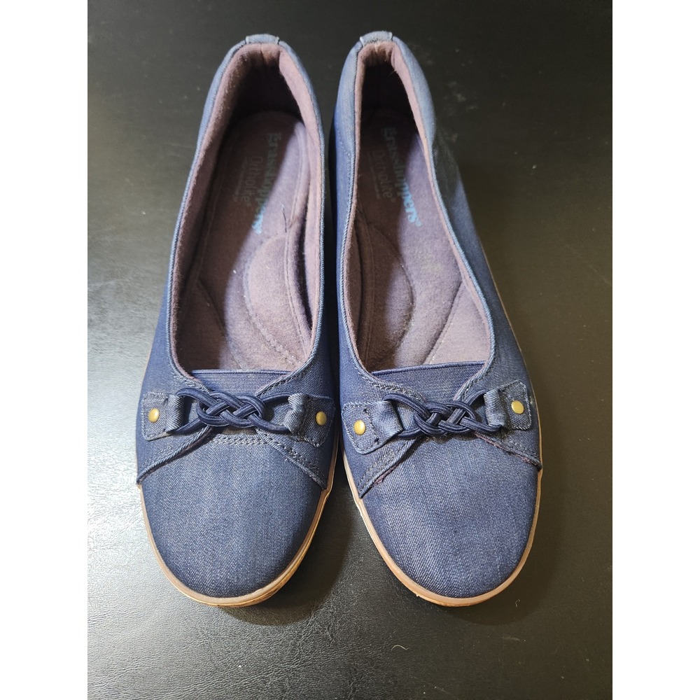 Grasshoppers Ortholite Navy Blue Denim Wedge Flats Braided Bow Detail Size 8M - Picture 6 of 6